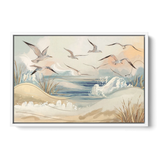 Myrtle Beach Seagulls In Flight - White Framed Canvas Wall Art - Front