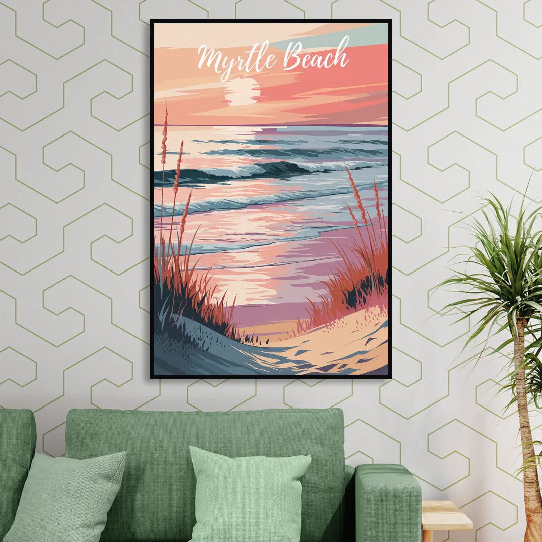 Myrtle Beach Sunset Reflections Sitting Room - Black Canvas Wall Art