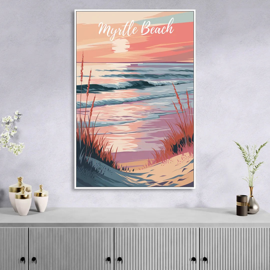 Myrtle Beach Sunset Reflections Living Room - White Canvas Wall Art