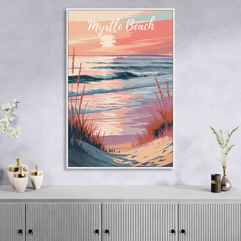 Myrtle Beach Sunset Reflections Living Room - White Canvas Wall Art