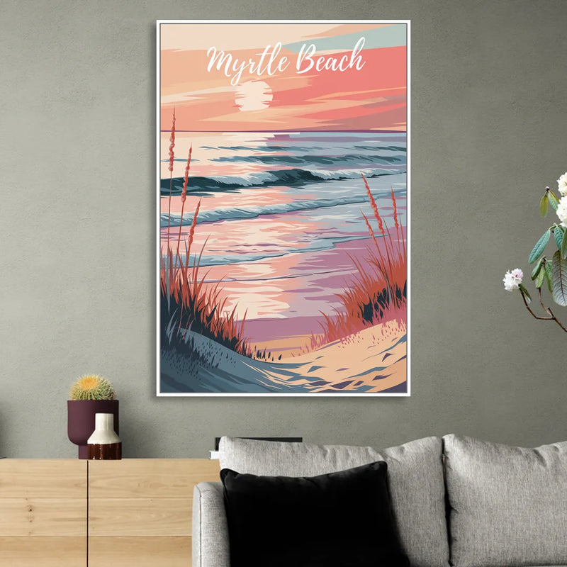 Myrtle Beach Sunset Reflections Sitting Room - White Canvas Wall Art