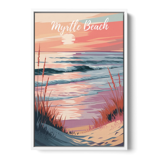 Myrtle Beach Sunset Reflections - White Framed Canvas Wall Art - Front