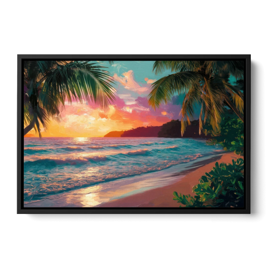 Myrtle Beach Waves And Palms - Black Framed Canvas Wall Art - Front