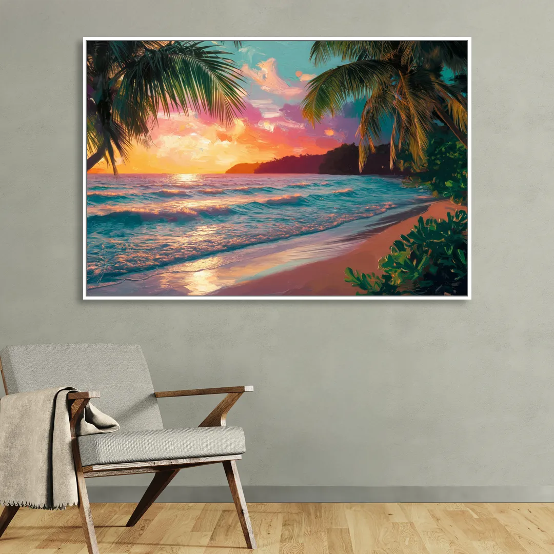 Myrtle Beach Waves And Palms Living Room - White Canvas Wall Art