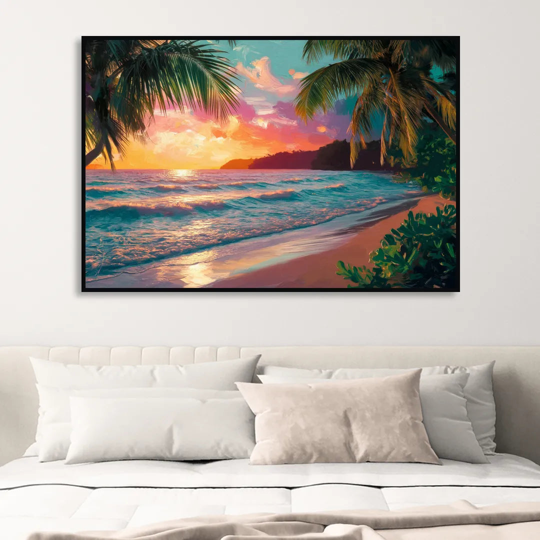 Myrtle Beach Waves And Palms Sitting Room - Black Canvas Wall Art