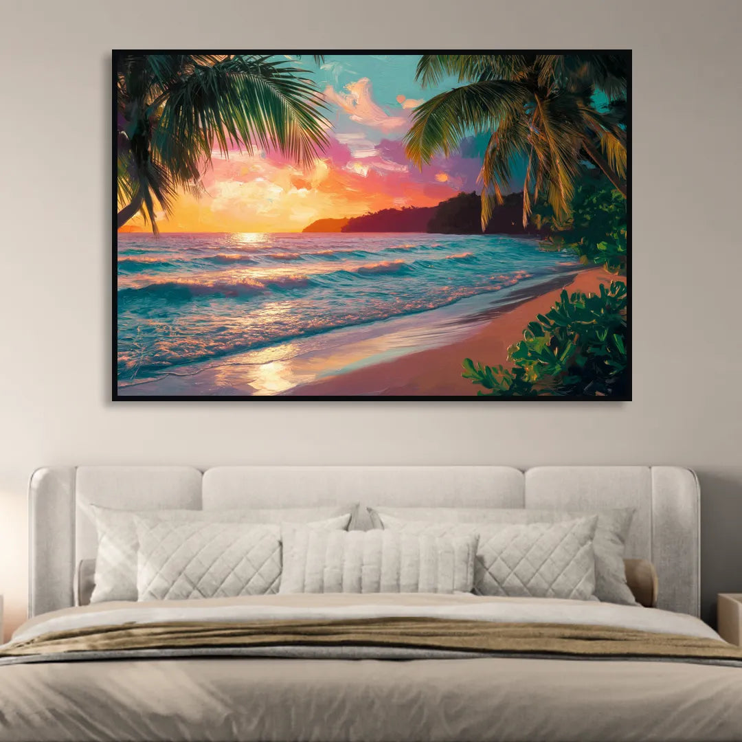 Myrtle Beach Waves And Palms Living Room - Black Canvas Wall Art
