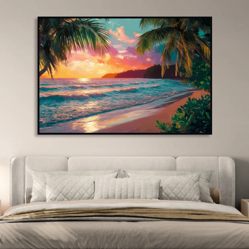 Myrtle Beach Waves And Palms Living Room - Black Canvas Wall Art