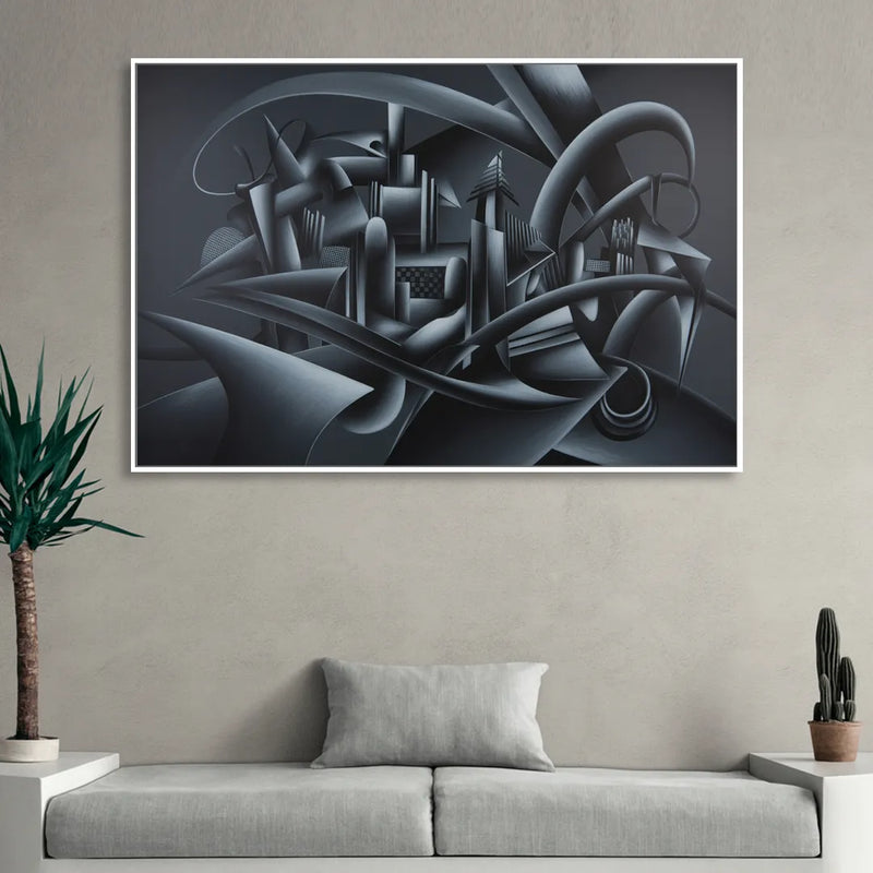 Mysterious Skyline Black Abstract Living Room - White Canvas Wall Art