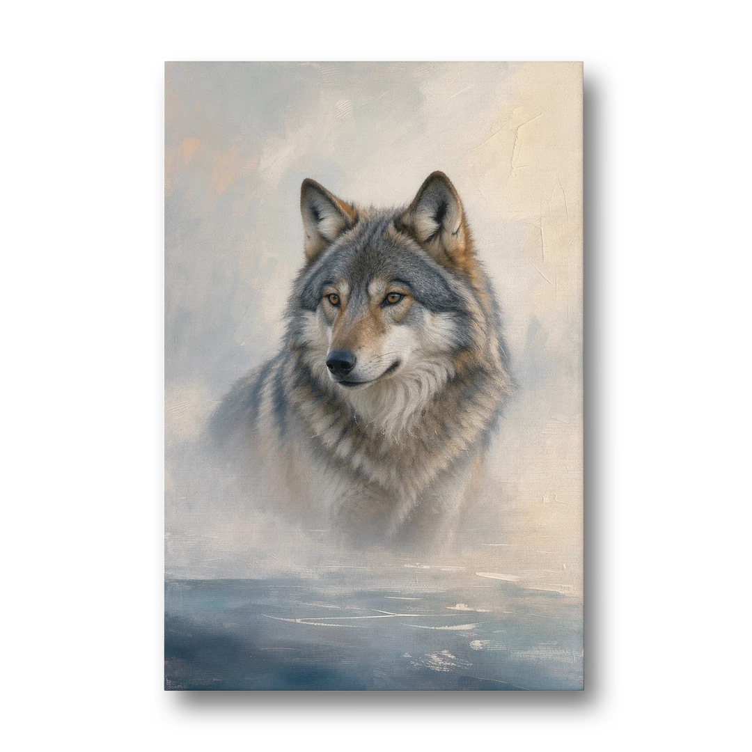 Mystical Wolf in Dawn Sea Fog - Canvas Wall Art - Front
