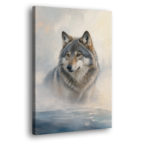 Atmospheric Mystical Wolf in Dawn Sea Fog - Canvas Wall Art