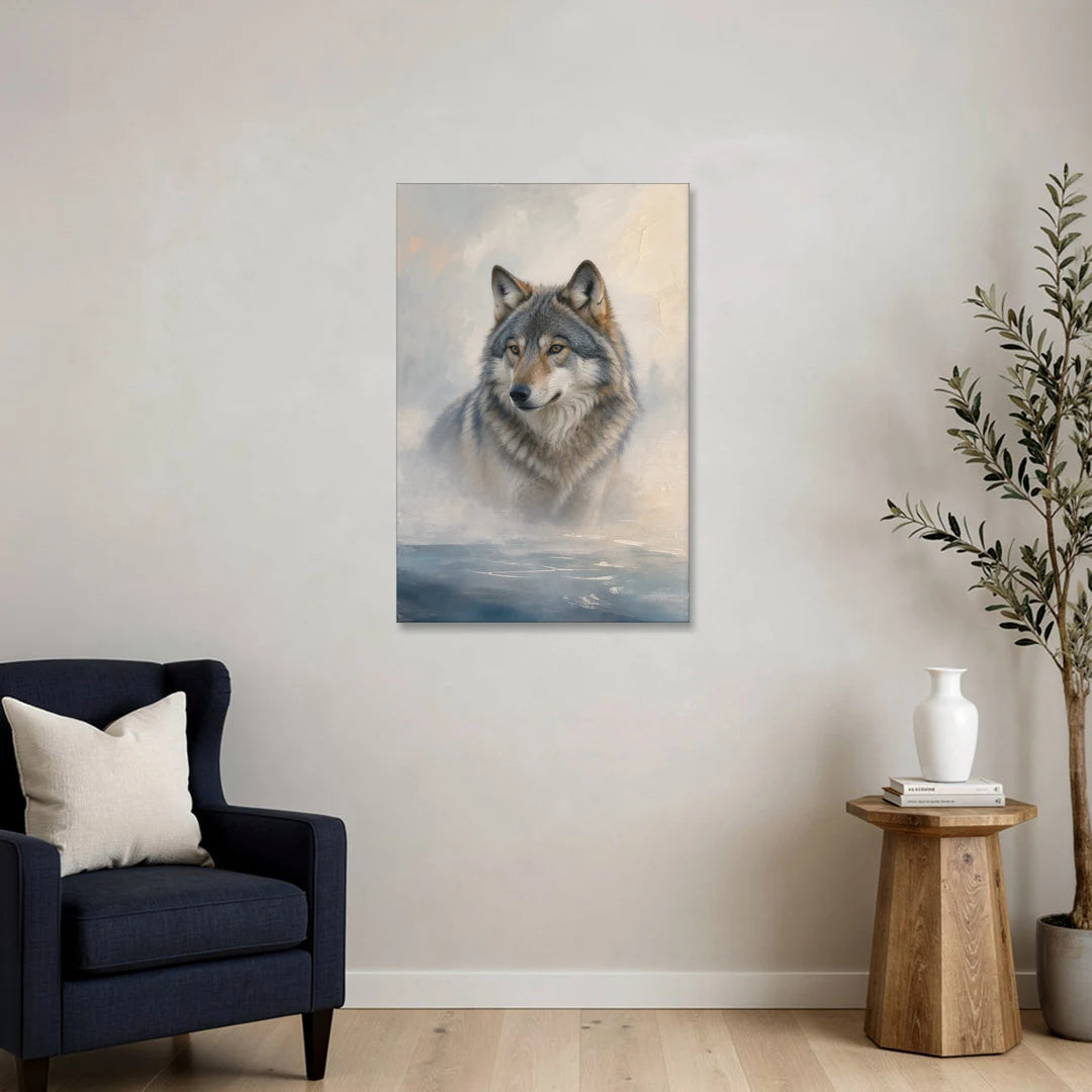 Mystical Wolf in Dawn Sea Fog - Canvas Wall Art - Sofa - 24x36