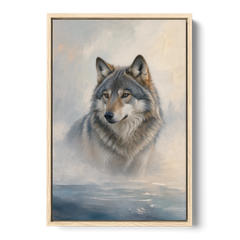 Atmospheric Mystical Wolf in Dawn Sea Fog - Oak Framed Canvas Wall Art - Front