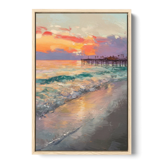Naples Beach Sunset - Oak Framed Canvas Wall Art - Front