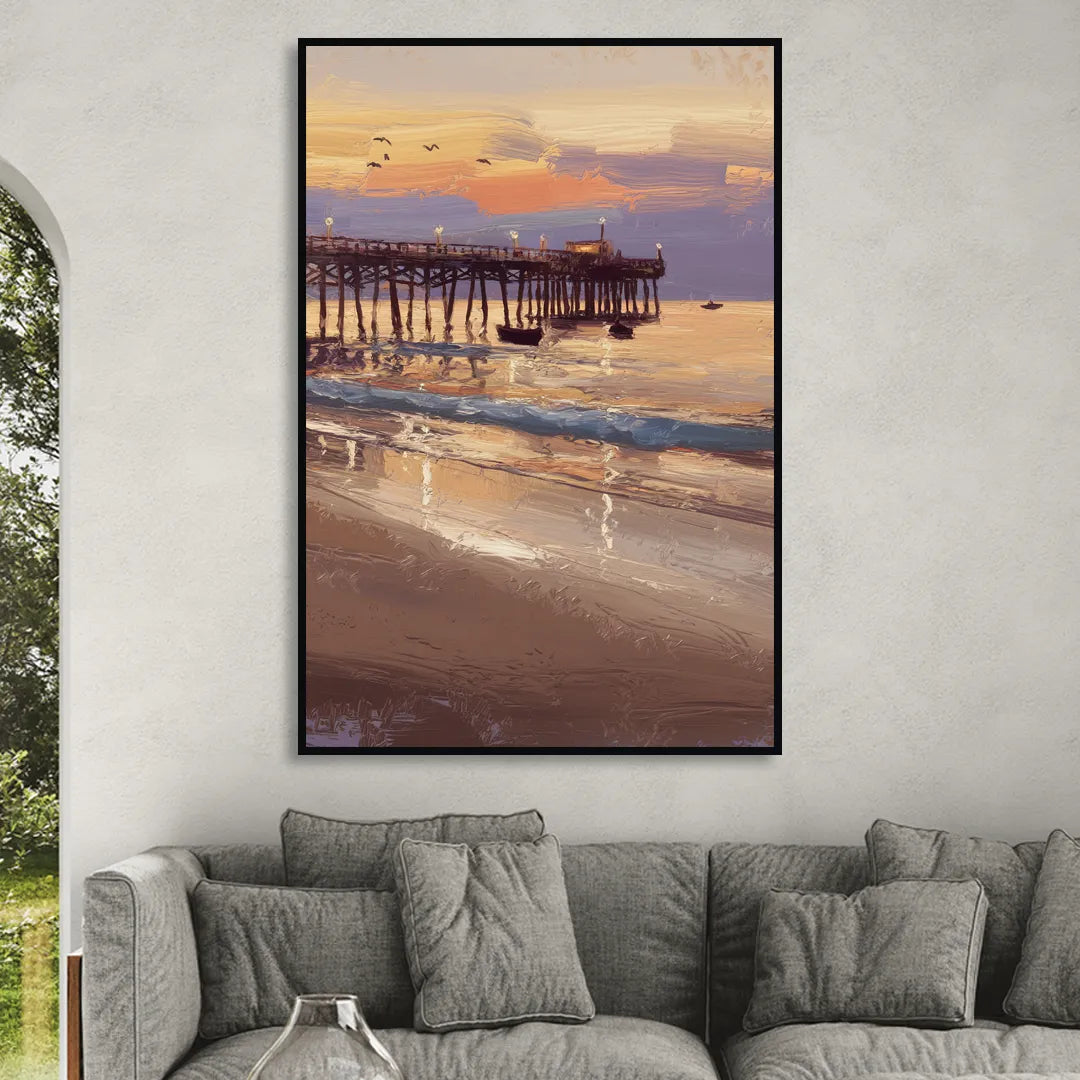 Naples Pier at Twilight Living Room - Black Canvas Wall Art