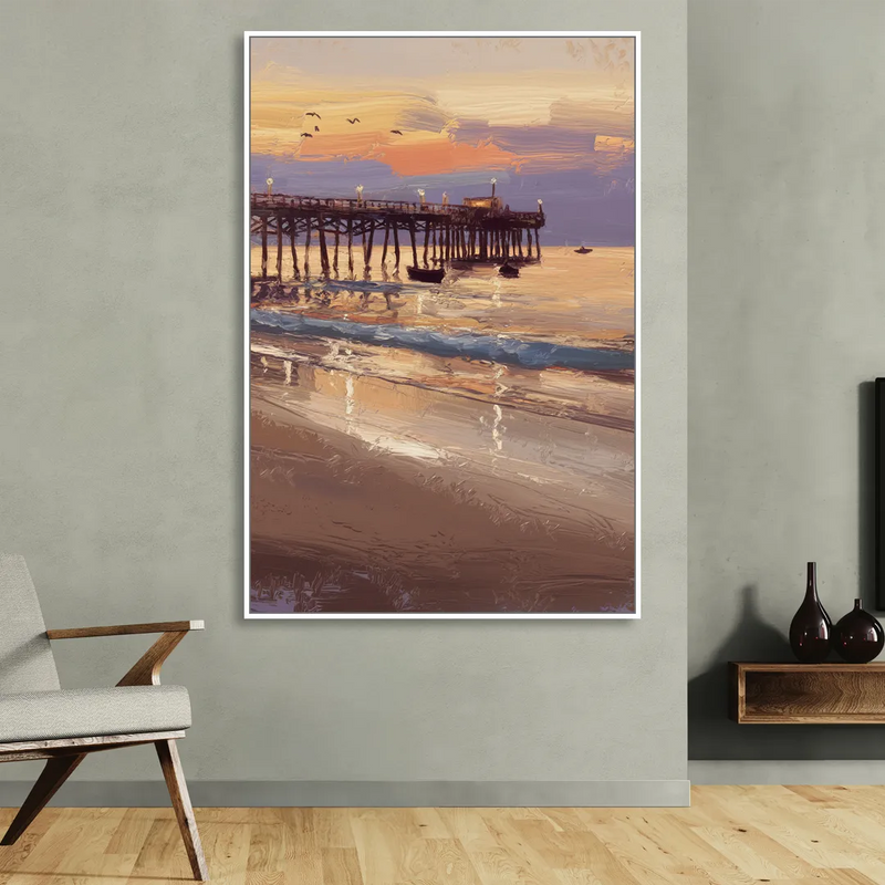 Naples Pier at Twilight Sitting Room - White Canvas Wall Art
