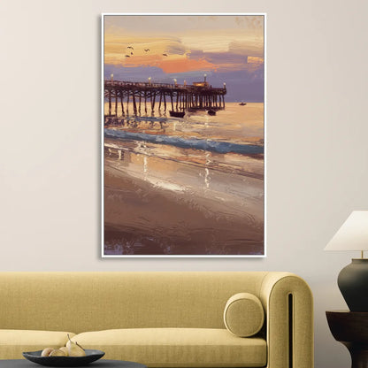 Naples Pier at Twilight Living Room - White Canvas Wall Art