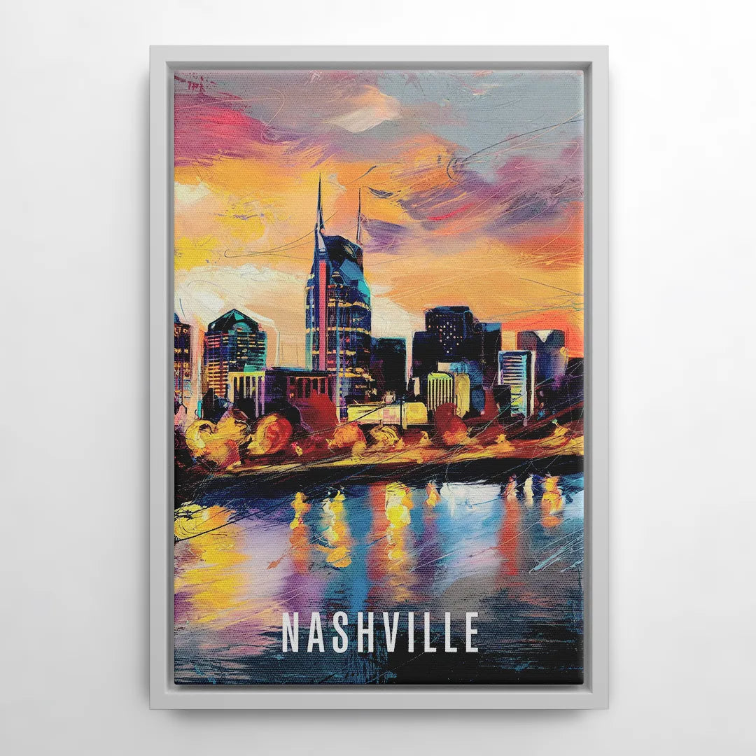 Nashville Artistic Skyline - White Frame Canvas