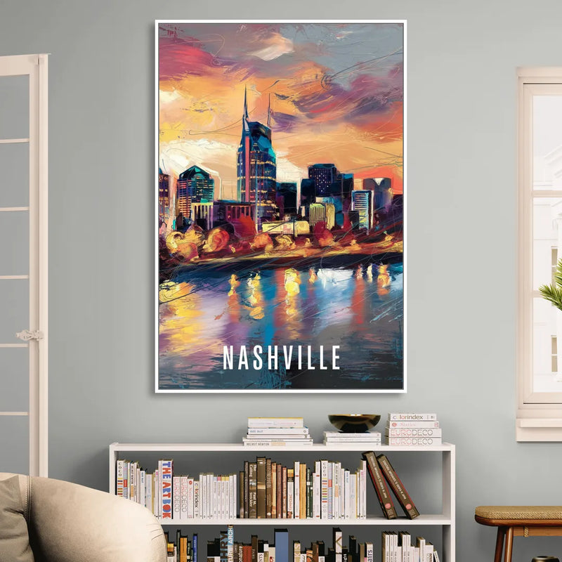 Nashville Artistic Skyline Living Room - White Canvas Wall Art
