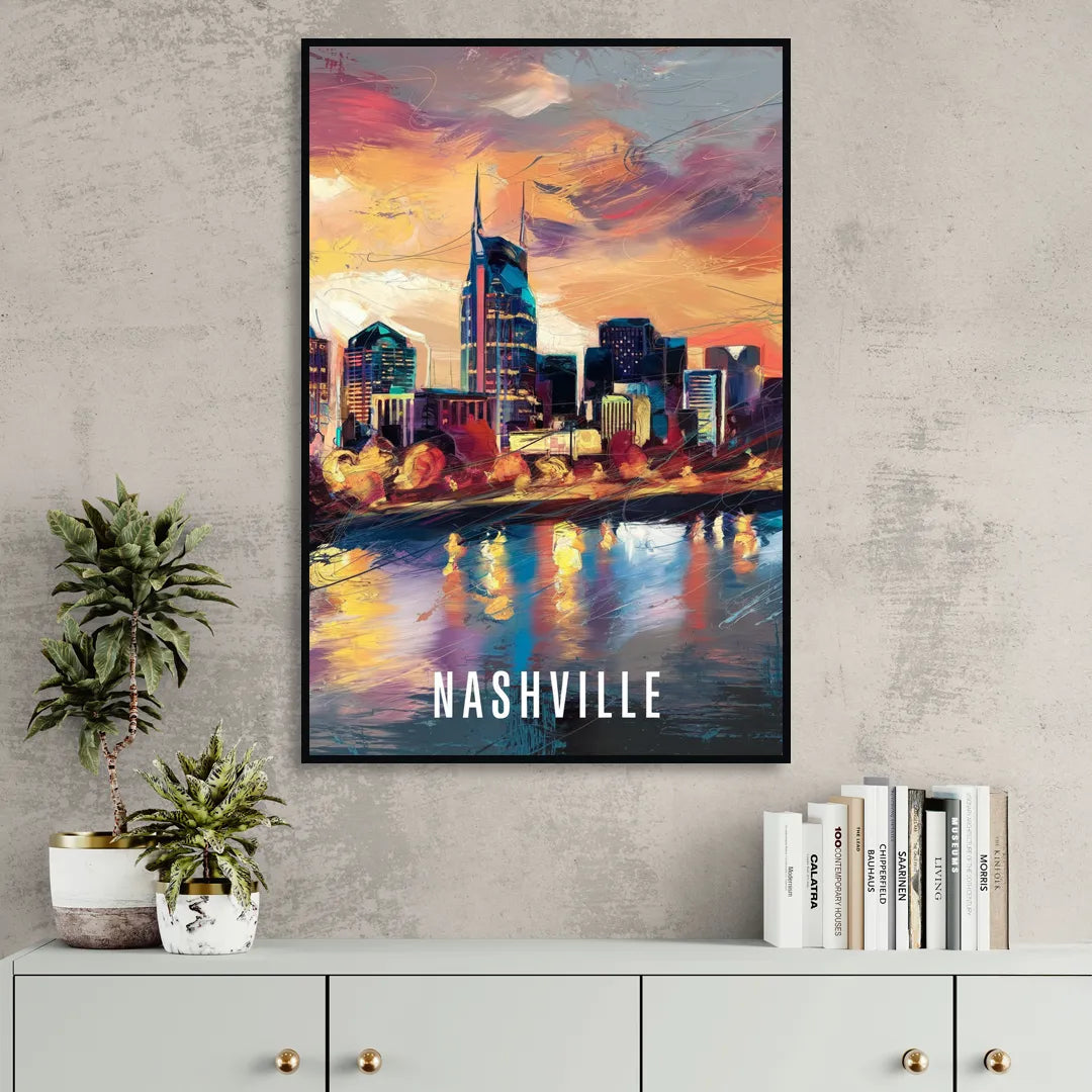 Nashville Artistic Skyline Living Room - Black Canvas Wall Art