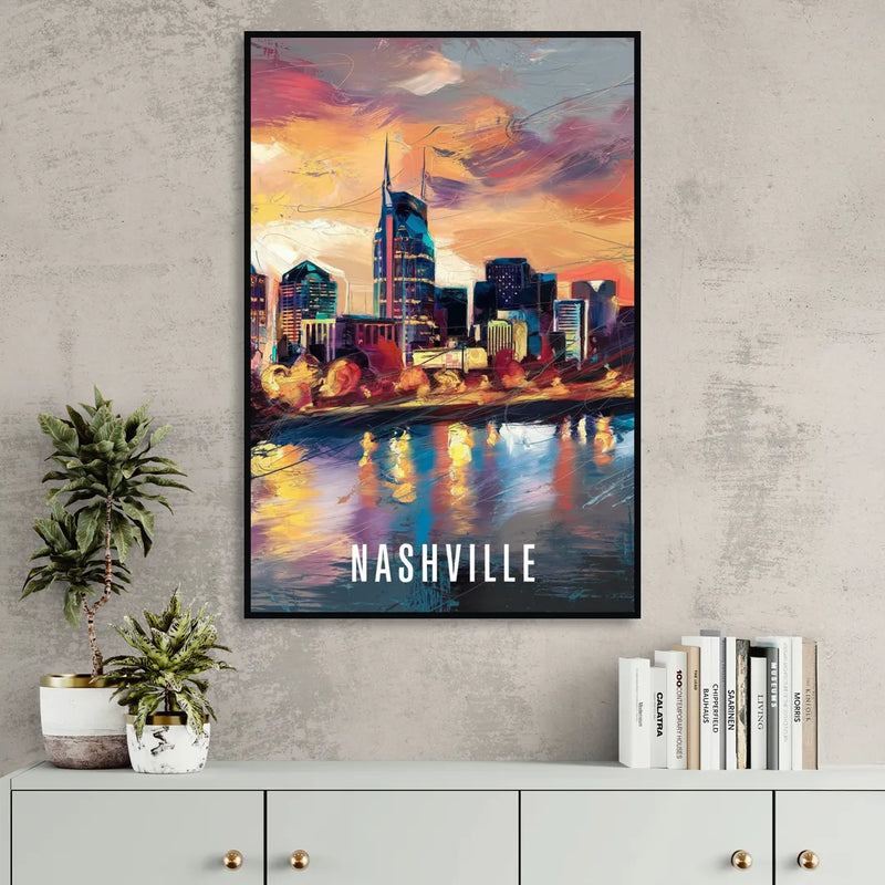 Nashville Artistic Skyline Living Room - Black Canvas Wall Art