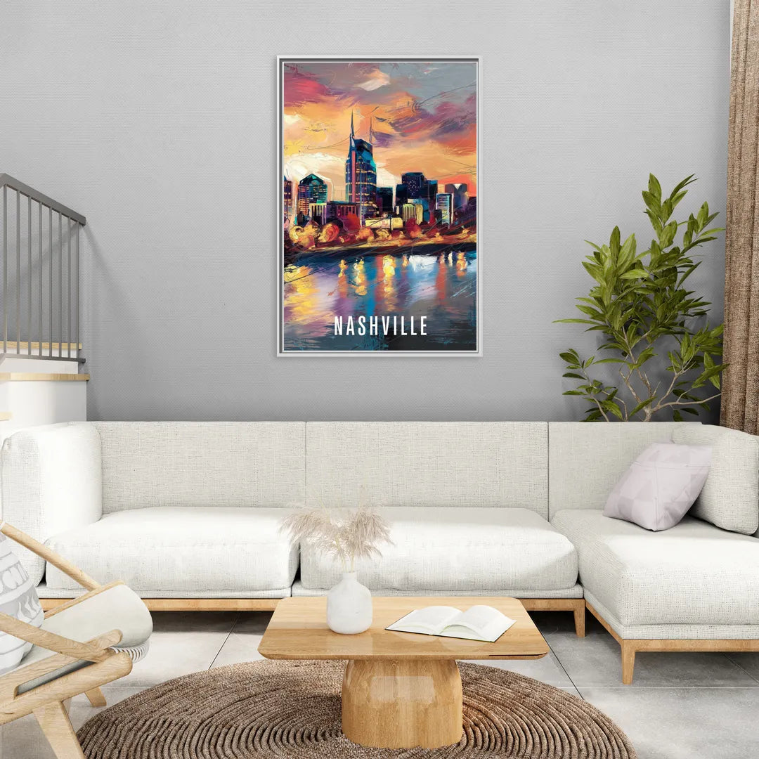 Nashville Artistic Skyline - Living Room White Frame Canvas