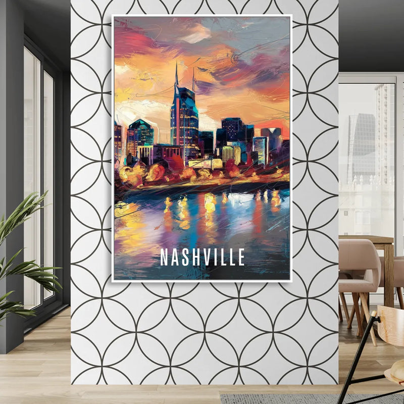 Nashville Artistic Skyline Sitting Room - White Canvas Wall Art