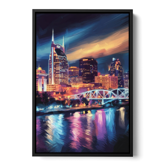 Nashville Bright Lights Skyline - Black Framed Canvas Wall Art - Front