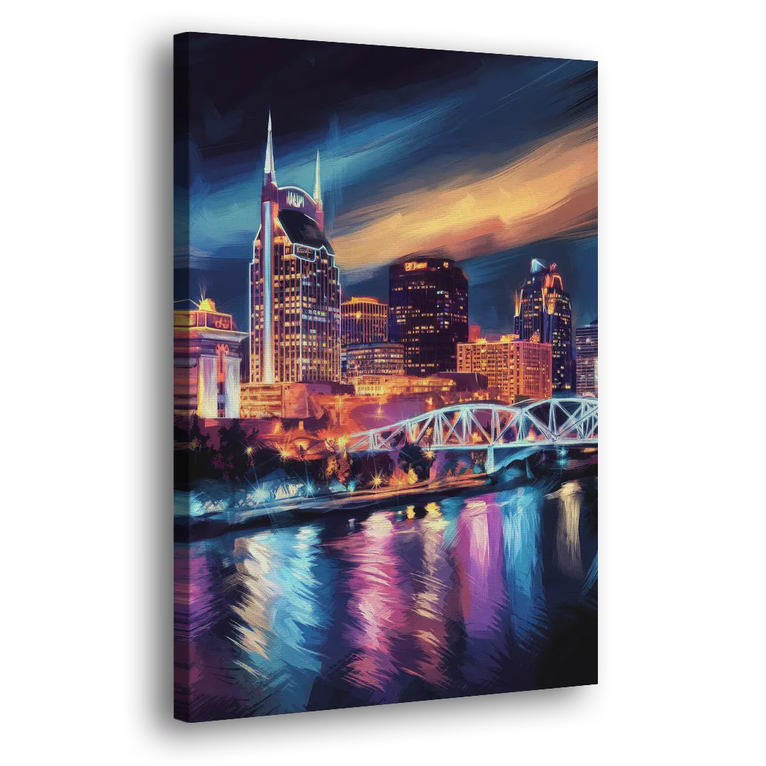 Nashville Bright Lights Skyline Side - Canvas Wall Art