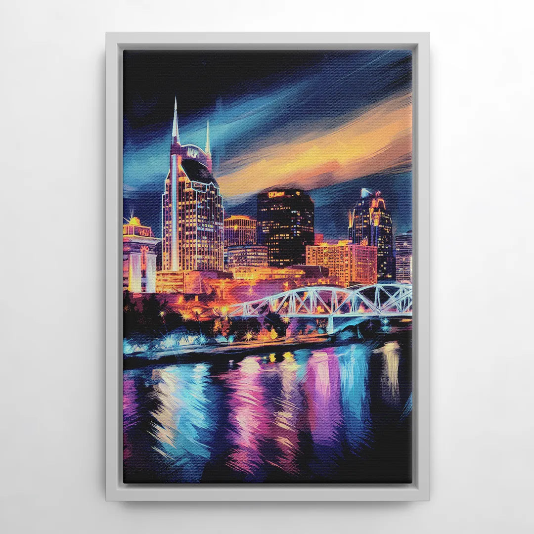 Nashville Bright Lights Skyline - White Frame Canvas