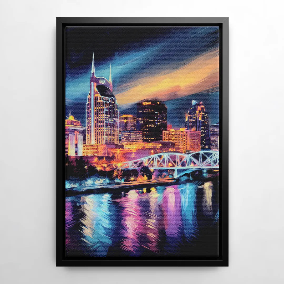 Nashville Bright Lights Skyline - Black Frame Canvas