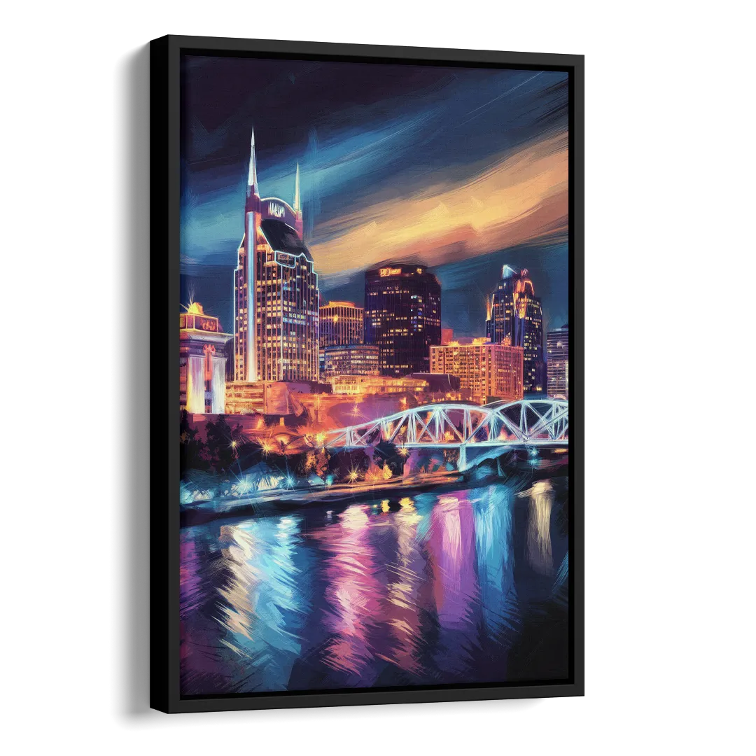Nashville Bright Lights Skyline Side - Black Canvas Wall Art