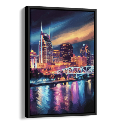 Nashville Bright Lights Skyline Side - Black Canvas Wall Art