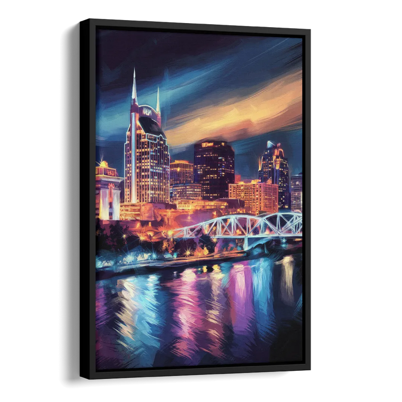 Nashville Bright Lights Skyline Side - Black Canvas Wall Art
