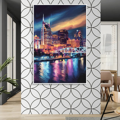 Nashville Bright Lights Skyline Living Room - White Canvas Wall Art