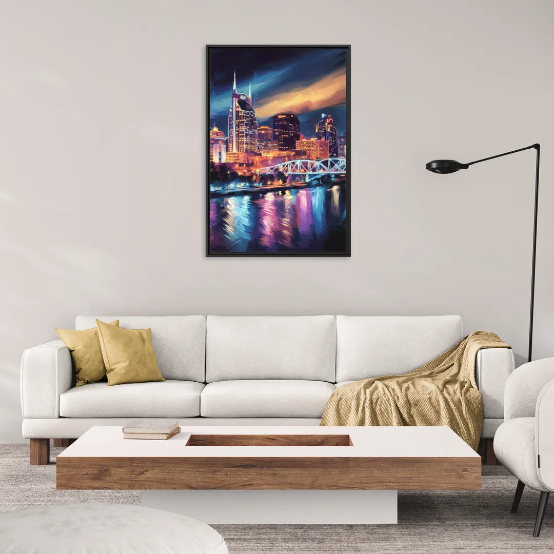 Nashville Bright Lights Skyline - Living Room Black Frame Canvas