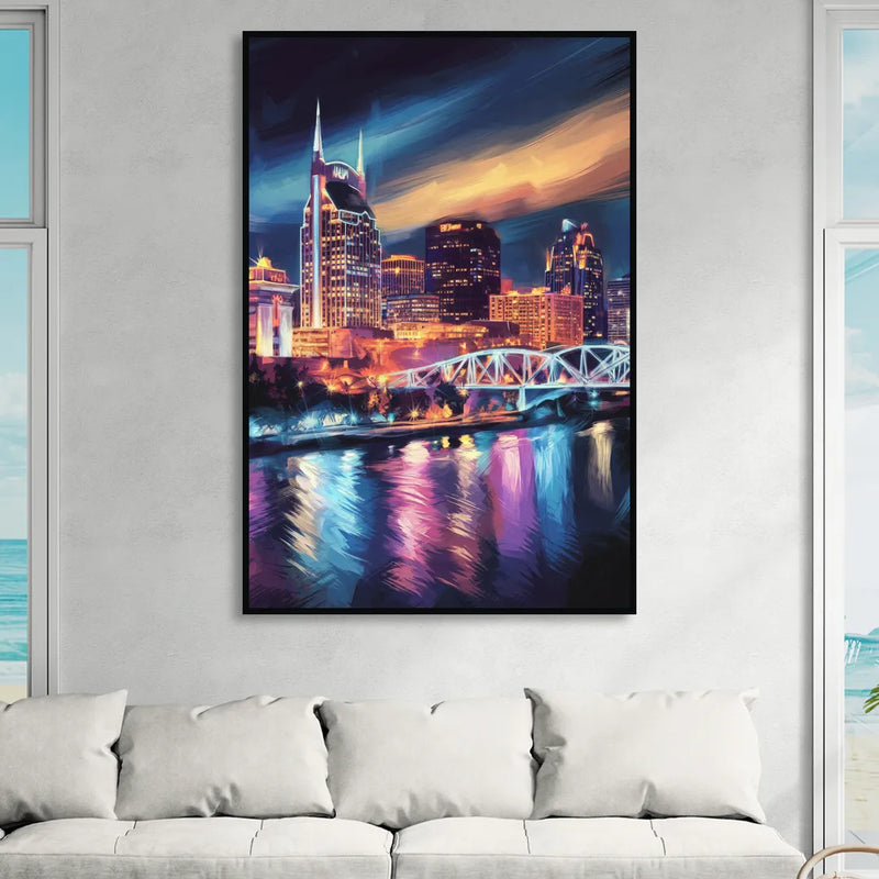 Nashville Bright Lights Skyline Living Room - Black Canvas Wall Art
