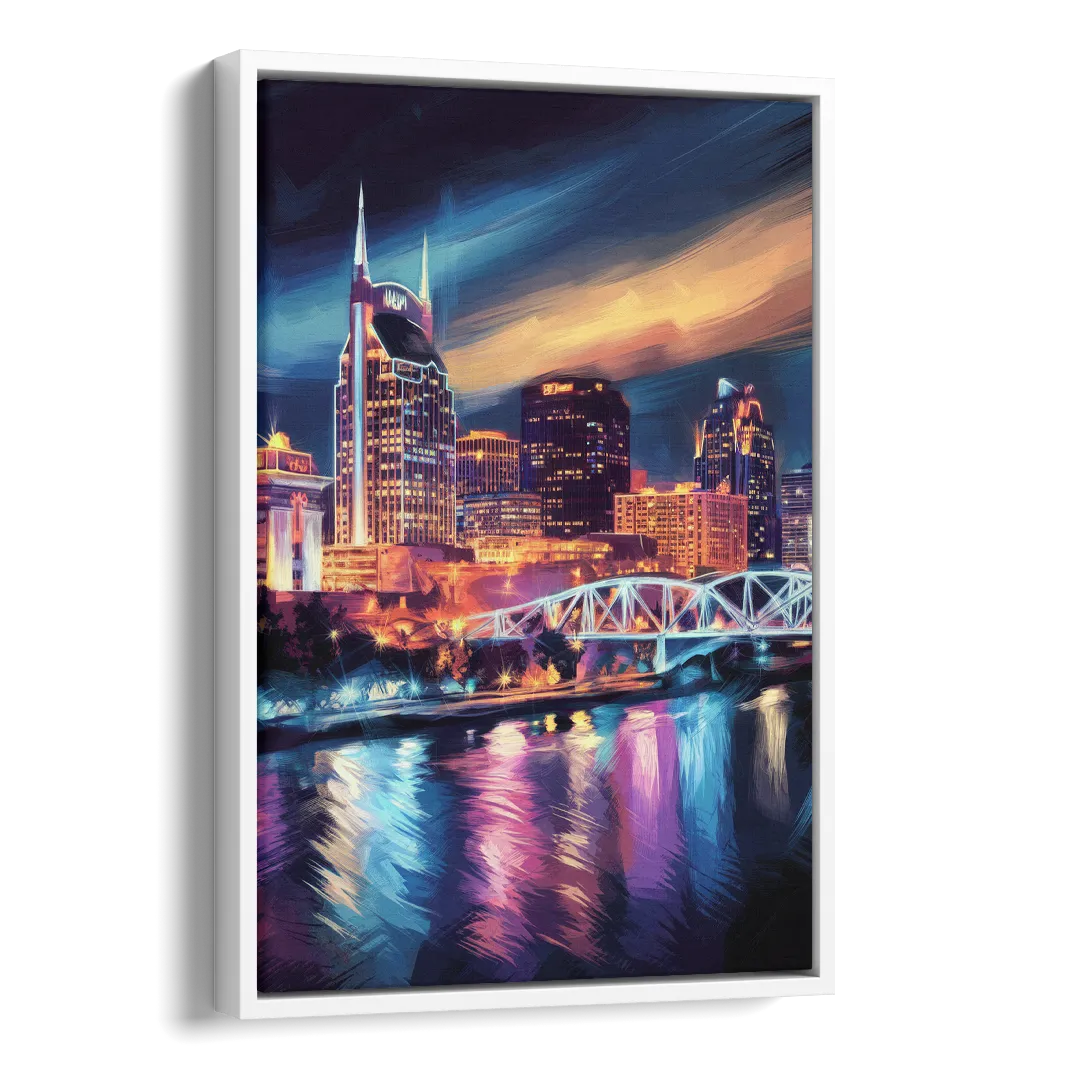 Nashville Bright Lights Skyline Side - White Canvas Wall Art