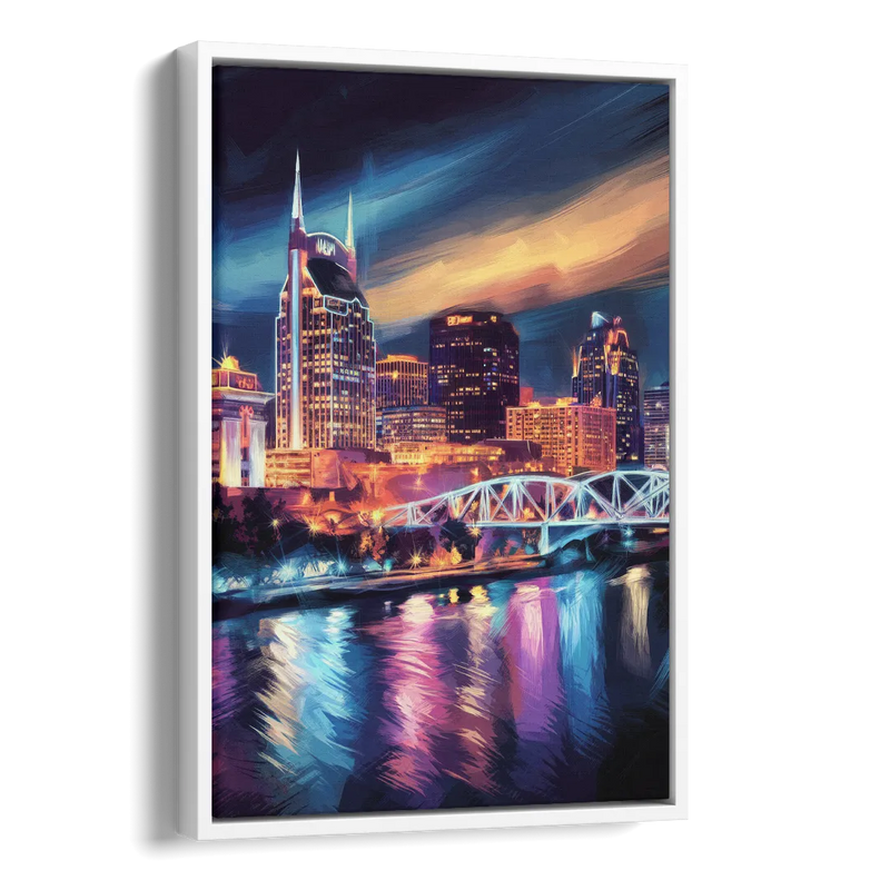 Nashville Bright Lights Skyline Side - White Canvas Wall Art