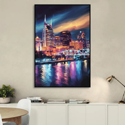 Nashville Bright Lights Skyline Sitting Room - Black Canvas Wall Art