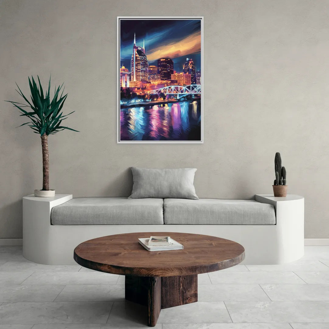 Nashville Bright Lights Skyline - Living Room White Frame Canvas