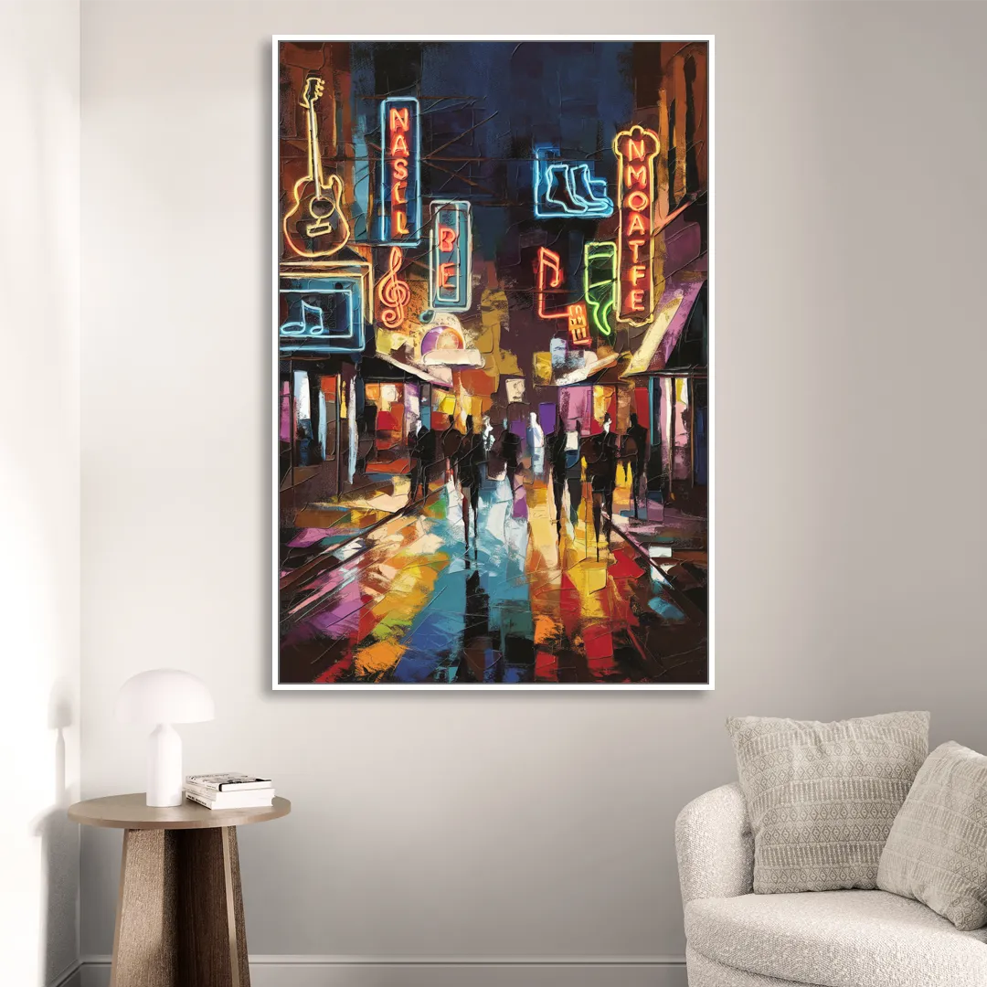 Nashville Broadway Nightlife Living Room - White Canvas Wall Art