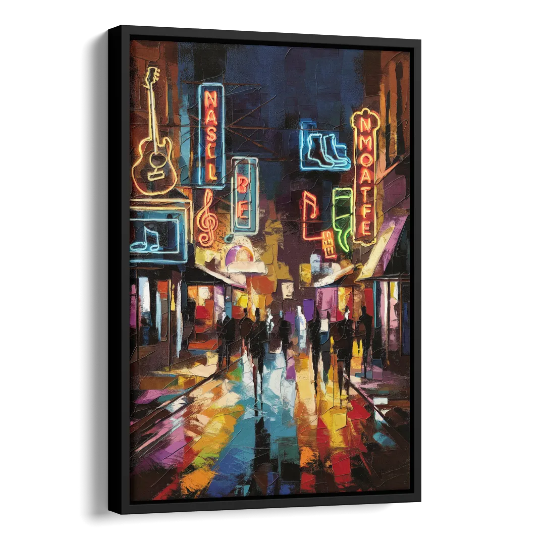 Nashville Broadway Nightlife Side - Black Canvas Wall Art