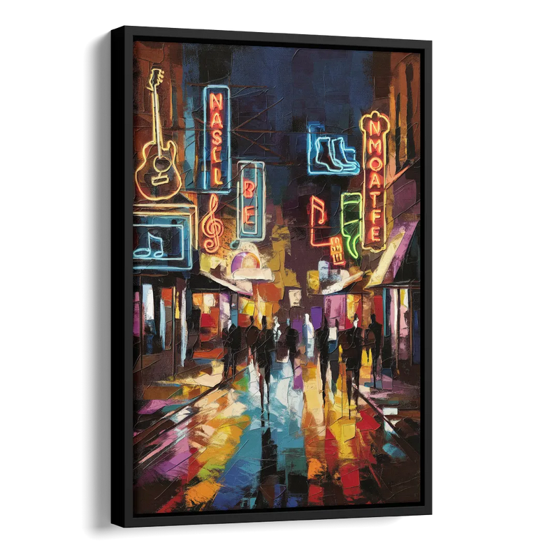 Nashville Broadway Nightlife Side - Black Canvas Wall Art