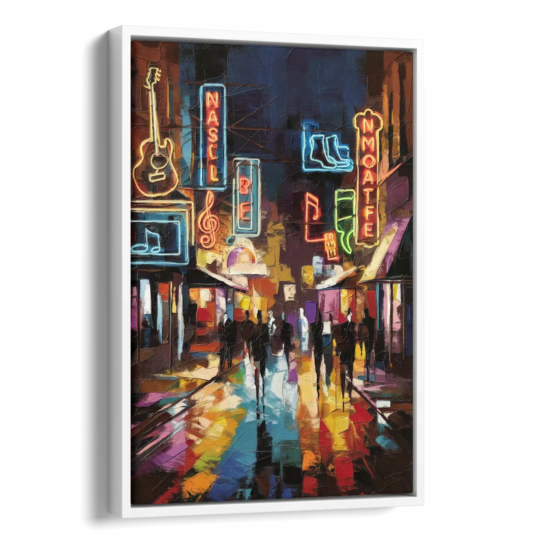 Nashville Broadway Nightlife Side - White Canvas Wall Art
