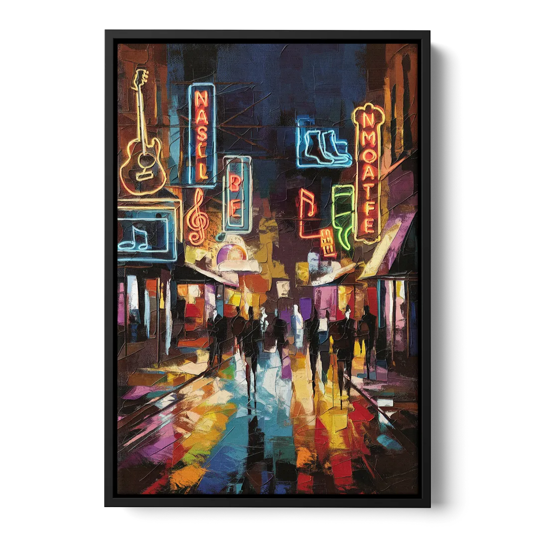 Nashville Broadway Nightlife Front - Black Canvas Wall Art