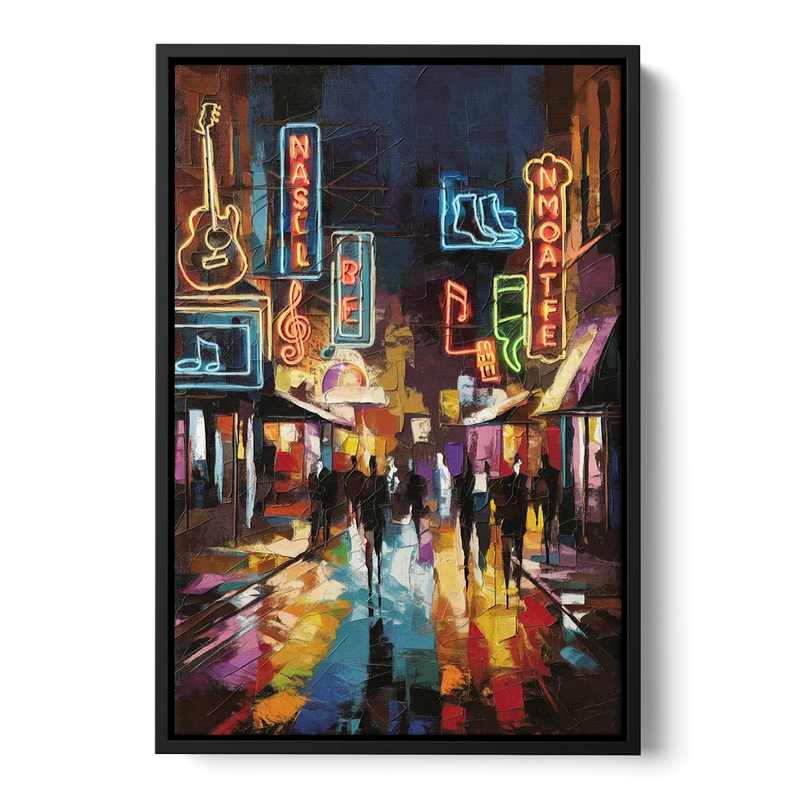 Nashville Broadway Nightlife Front - Black Canvas Wall Art