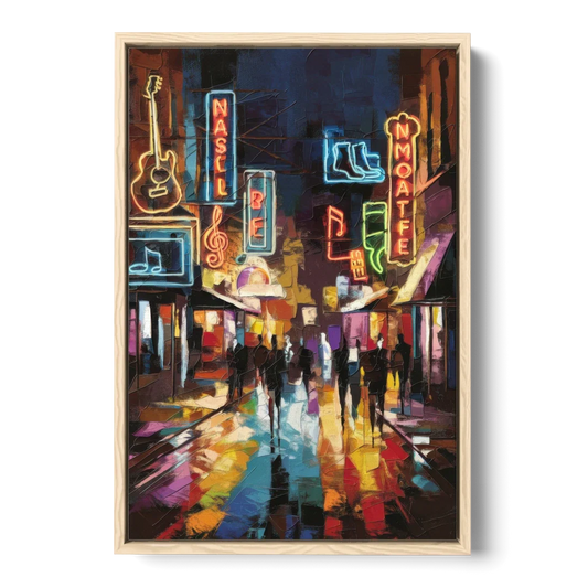 Nashville Broadway Nightlife - Oak Framed Canvas Wall Art - Front