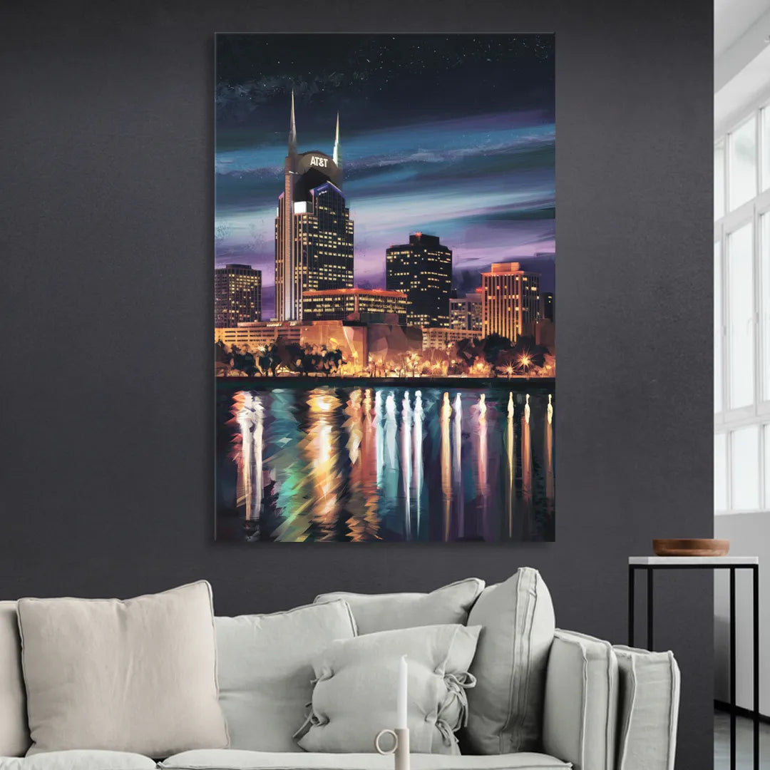 Nashville Cityscape at Night Sitting Room - Canvas Wall Art
