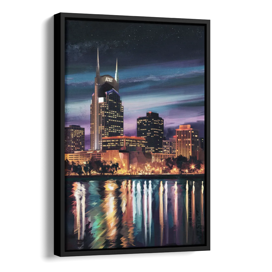 Nashville Cityscape at Night Side - Black Canvas Wall Art
