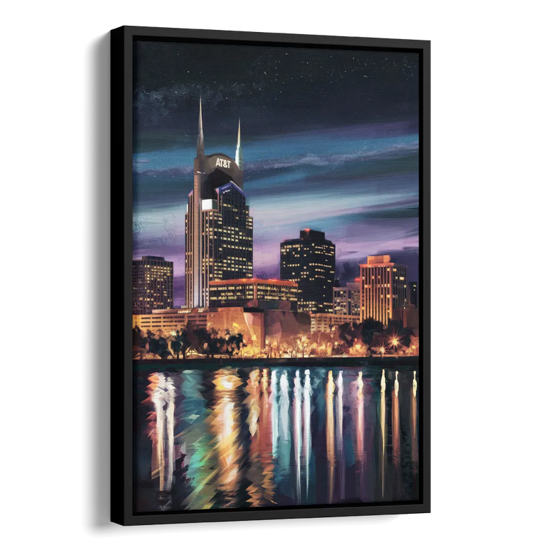 Nashville Cityscape at Night Side - Black Canvas Wall Art